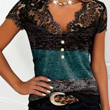 T-Shirt Col V Dentelle Patchwork Contraste Couleur