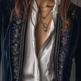 Veste Longue Femme Vintage Bleu Marine Brodée