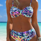 Bikini À Fines Bretelles Motif Abstrait Imprimé