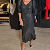 Ensemble robe fendue à paillettes de couleur unie à la mode avec col en V
