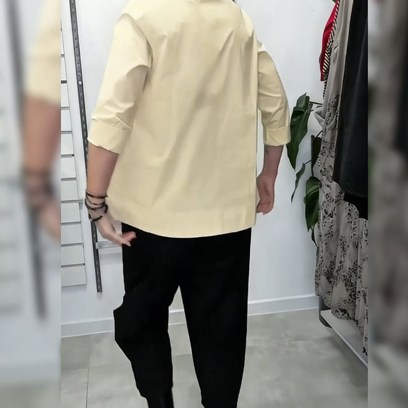 100% Coton Blouse Col Large Couleur Unie Décontracté