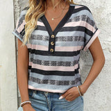 T-Shirt Col En V Trois Boutons Rayé