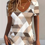 T-shirt avec un Cou en U en Bloc de Couleurs Casual