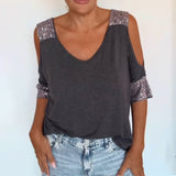 T-Shirt avec Patch de Séquins en Off - the - Shoulder