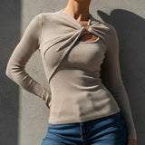 T-Shirt Femme Manche Longue Côtes Tricot Tournant Devant