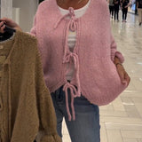 Cardigan décontracté à manches longues et lacets de couleur unie