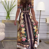 Robe longue à manches courtes et revers imprimé rétro