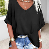 T-Shirt Col En V Ourlet Roulé Manches Courtes Large