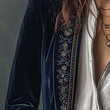 Veste Longue Femme Vintage Bleu Marine Brodée