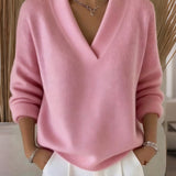 Pull décontracté couleur unie col en V