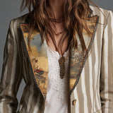 Blazer Femme avec Revers et Imprimé à Rayures Bohémien