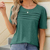 T-shirt à col en U froncé de couleur unie