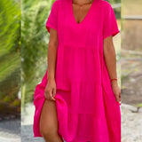 Robe en coton lin avec col en V de couleur unie