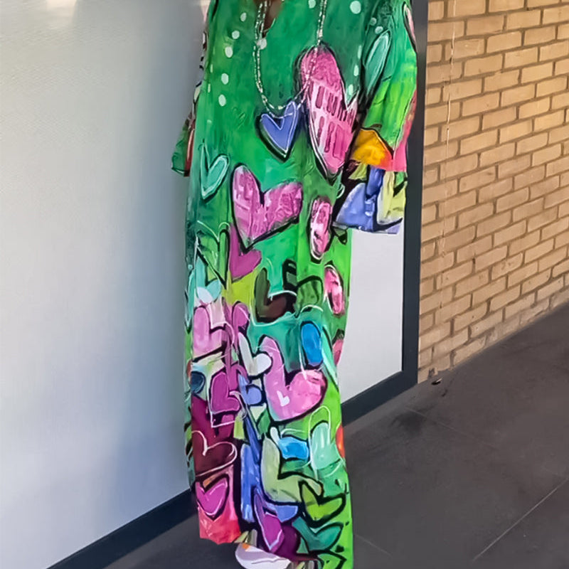 Robe à col en V à imprimé cœur avec manches longues