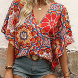 Blouse à demi-manches boutons avec col en V et imprimé rétro