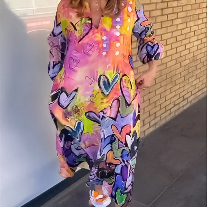 Robe à col en V à imprimé cœur avec manches longues
