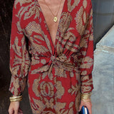 Robe élégante à manches longues et col en V imprimé vintage