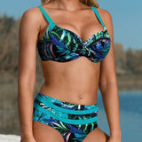 Bikini imprimé feuilles taille haute