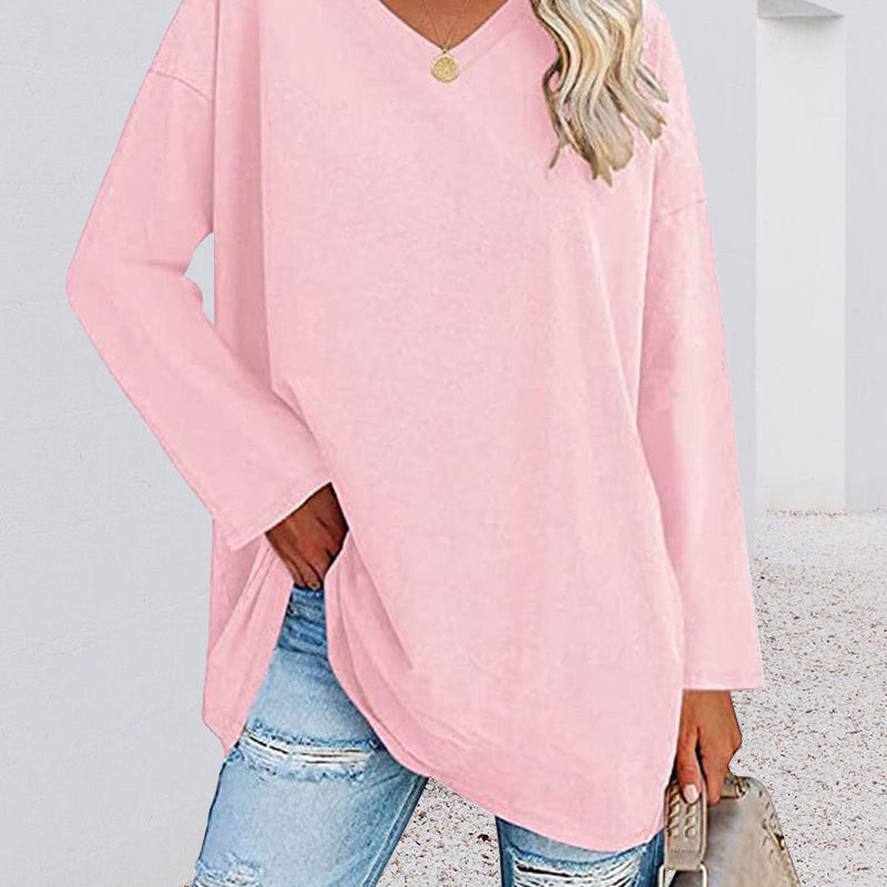 T-shirt femme uni col V manches longues