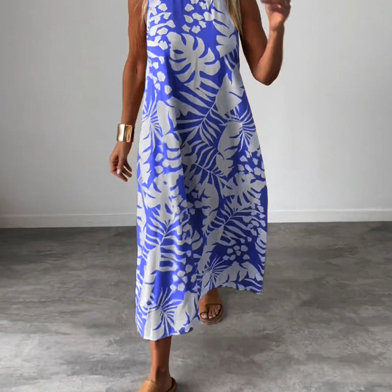 Robe décontractée sans manches à imprimé feuilles