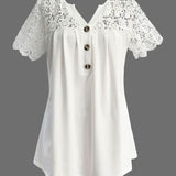 T-Shirt Creux Dentelle Patchwork Plissé