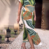 Robe fendue à manches courtes et imprimé feuilles