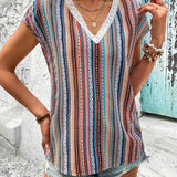 T-Shirt Imprimé Coloré En Dentelle Col En V