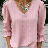 T-shirt Élégant Col V Dentelle Découpe