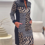 Robe élégante à imprimé léopard avec poche zippée et patchwork