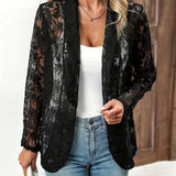 Manteau élégant à revers en dentelle florale de couleur unie