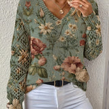 Pull Jacquard Col V Ajouré Manches Longues