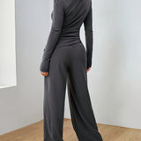 Ensemble deux pièces - haut de couleur unie et pantalon large