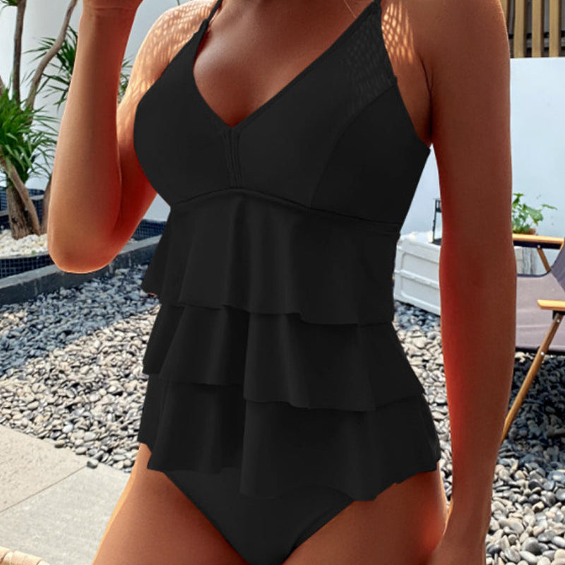 Tankini fendu à volants de couleur unie