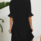 Robe à manches mi-longues froncées de couleur unie à col en V