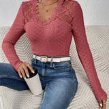 Haut À Manches Longues Col V Panneau En Dentelle