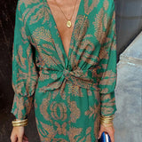 Robe élégante à manches longues et col en V imprimé vintage
