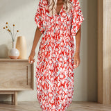 Robe tendance à col en V imprimée à manches courtes
