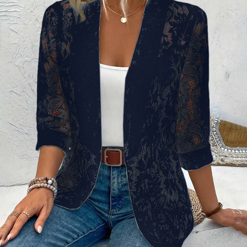 Manteau élégant à revers en dentelle florale de couleur unie