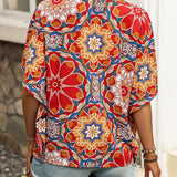 Blouse à demi-manches boutons avec col en V et imprimé rétro