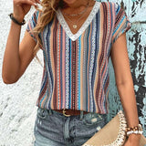 T-Shirt Imprimé Coloré En Dentelle Col En V