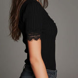 T-Shirt Dentelle Patchwork Côtelé