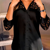 Blouse Couleur Unie Revers Dentelle Patchwork