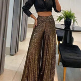 Pantalon large taille haute à sequins