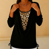 T-shirt faux deux pièces à lacets imprimé léopard