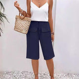 Pantalon mi-long décontracté avec poche de couleur unie