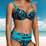 Bikini imprimé feuilles taille haute