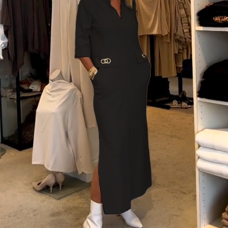 Robe fendue à manches 3/4 de couleur unie