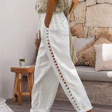 Pantalon évidé en coton et lin