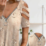 T-shirt zippé à col en V avec imprimé cœur