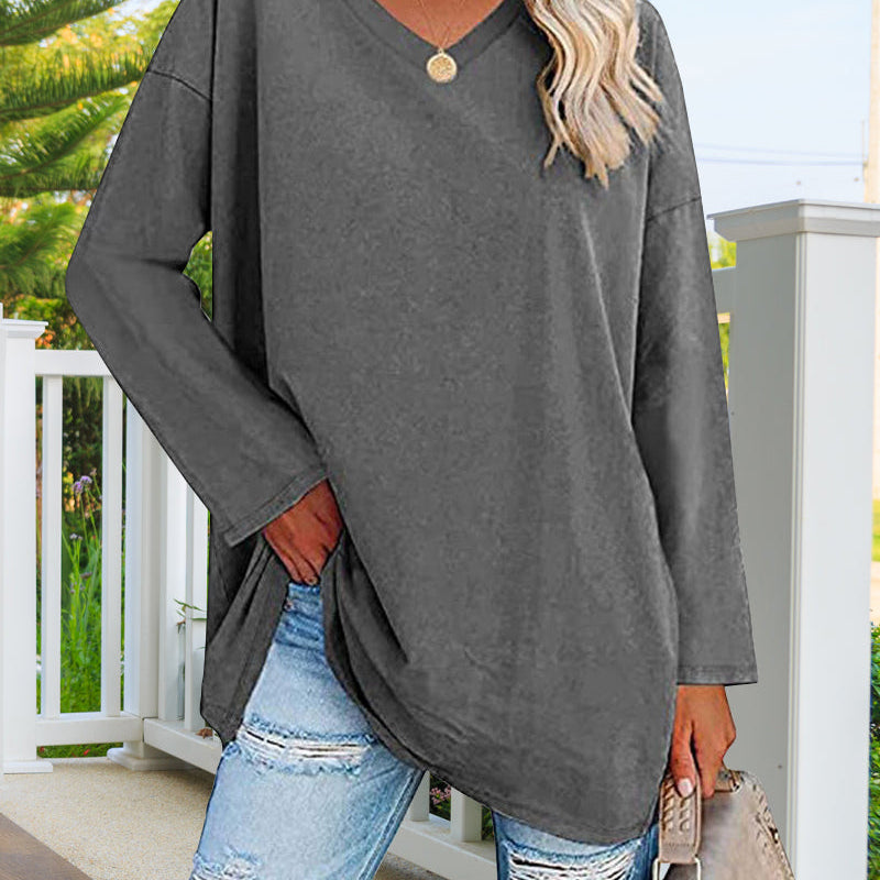 T-shirt femme uni col V manches longues